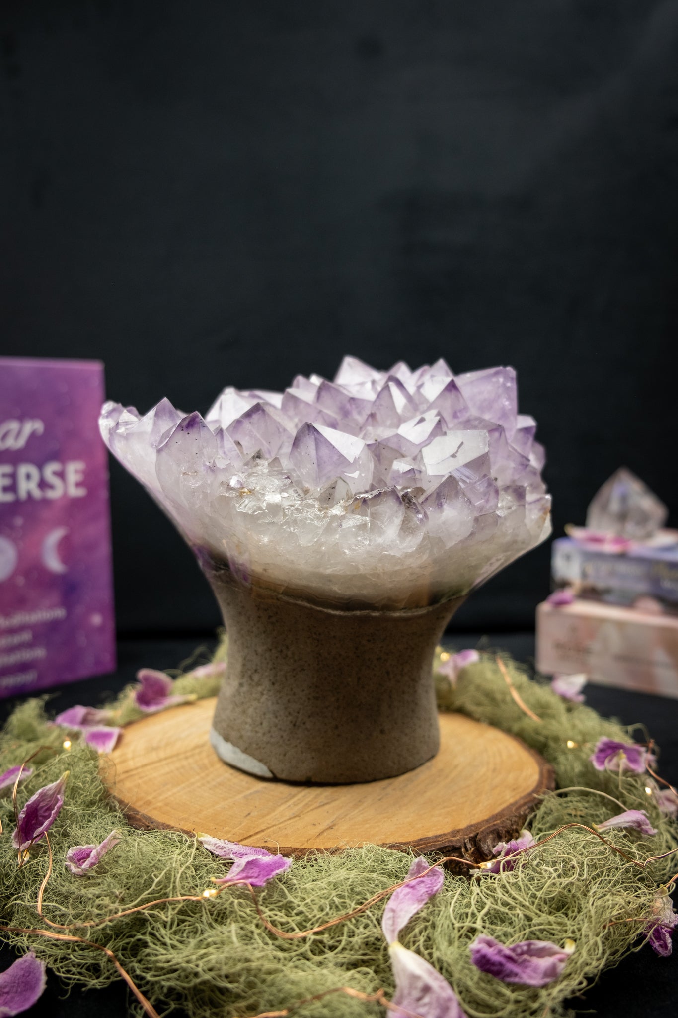 Rare Lilac-to-Deep-Tip Amethyst Flower with Calcite Drusy and Actinolite Inclusions