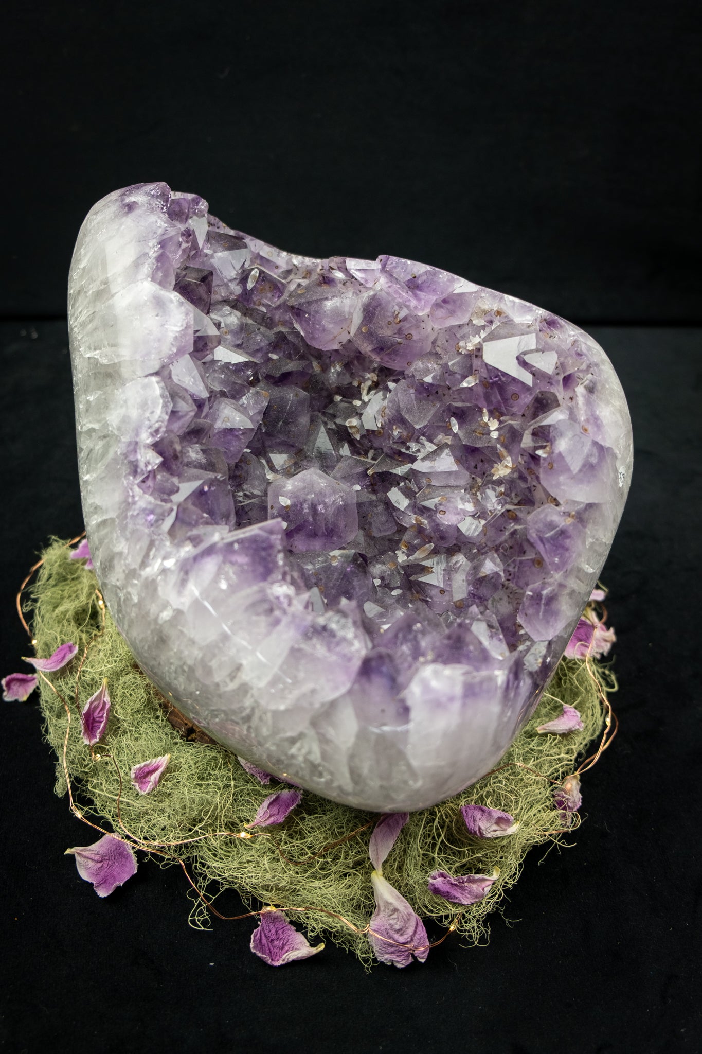 Amethyst Drusy Crystal Bed with Actinolite, Moss Agate and Calcite