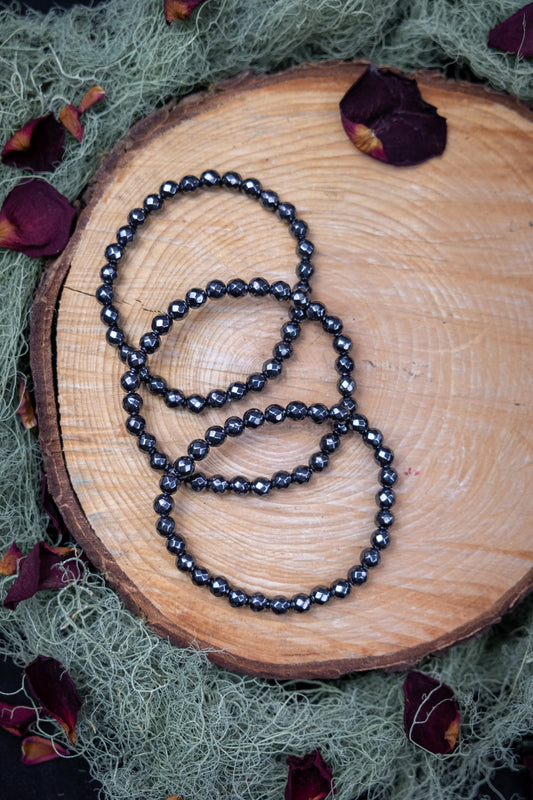 Hematite Faceted Crystal Bracelet, 6mm Gemstone Beads, Grounding Stone for Protection, Strength and Stability