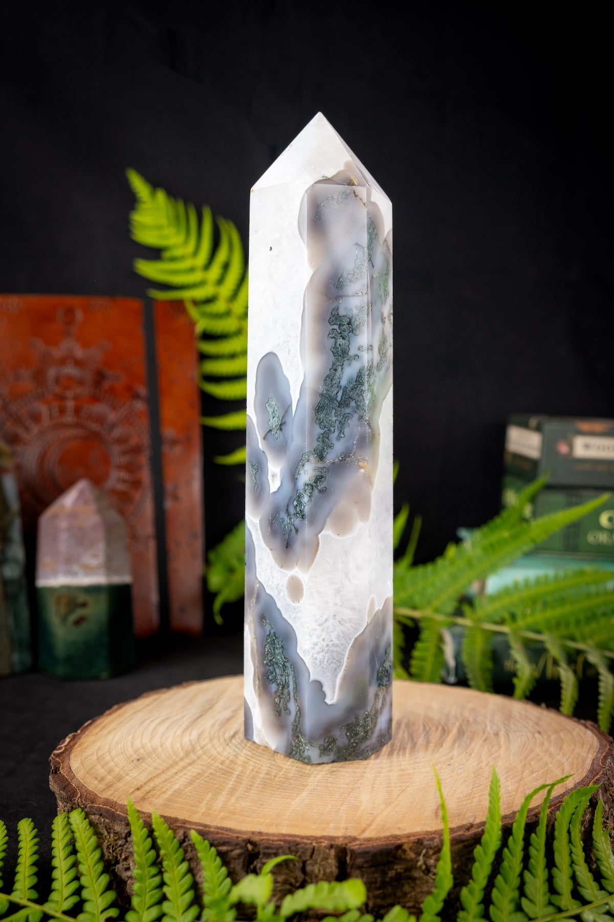 Moss Agate and Quartz crystal point, Grounding crystal, Gaia energy crystal, Rare find.