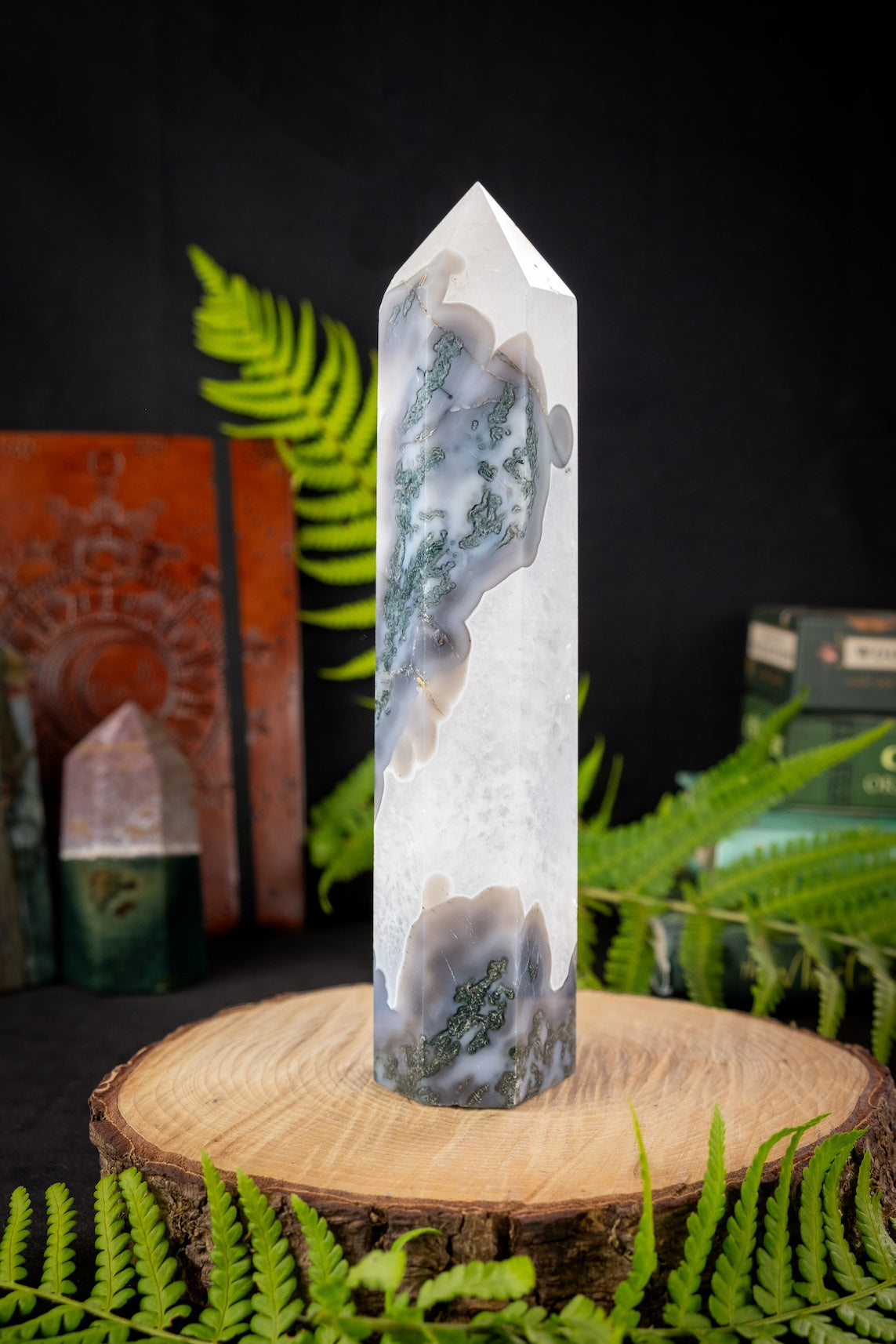 Moss Agate and Quartz crystal point, Grounding crystal, Gaia energy crystal, Rare find.