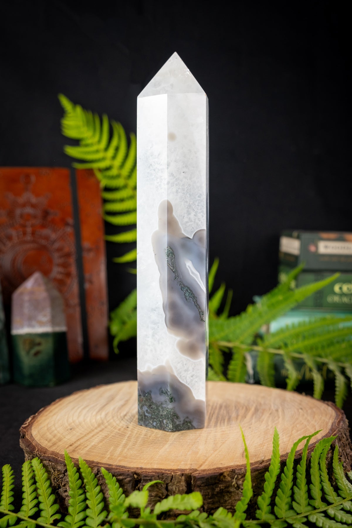 Moss Agate and Quartz crystal point, Grounding crystal, Gaia energy crystal, Rare find.