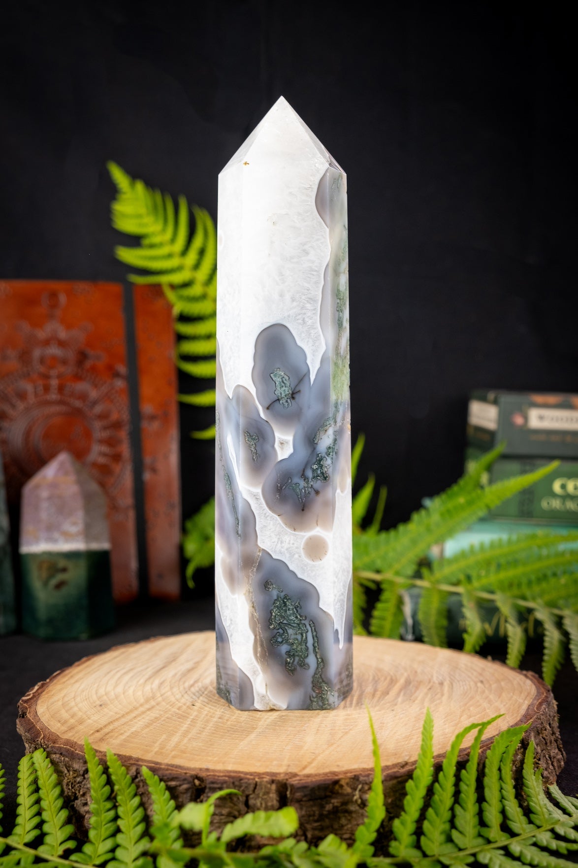 Moss Agate and Quartz crystal point, Grounding crystal, Gaia energy crystal, Rare find.