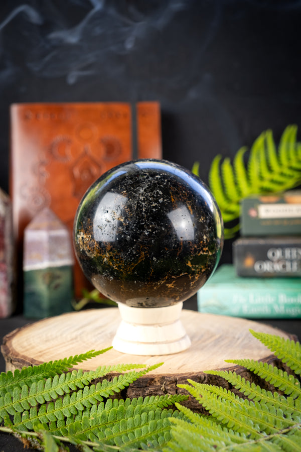 Black Tourmaline Hematite Crystal Sphere, Protective Healing Gemstone Ball, Grounding Energy Stone, Root Chakra Crystal