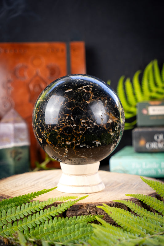 Black Tourmaline Hematite Crystal Sphere, Protective Healing Gemstone Ball, Grounding Energy Stone, Root Chakra Crystal