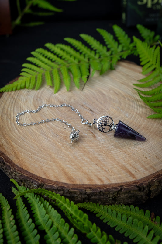 Amethyst crystal, tree of life, pendulum, Pendant, Dowsing pendulum