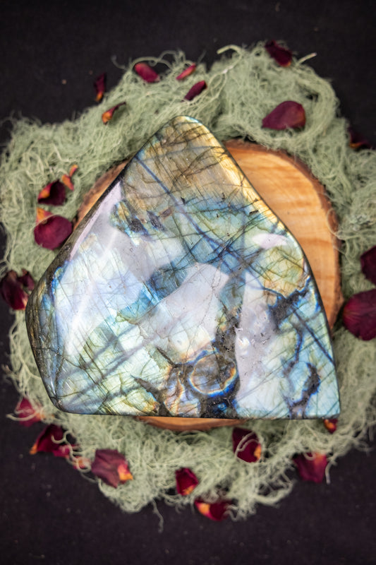 Blue and Gold Labradorite Freeform Crystal, Double Sided Polished Gemstone for Transformation and Intuition