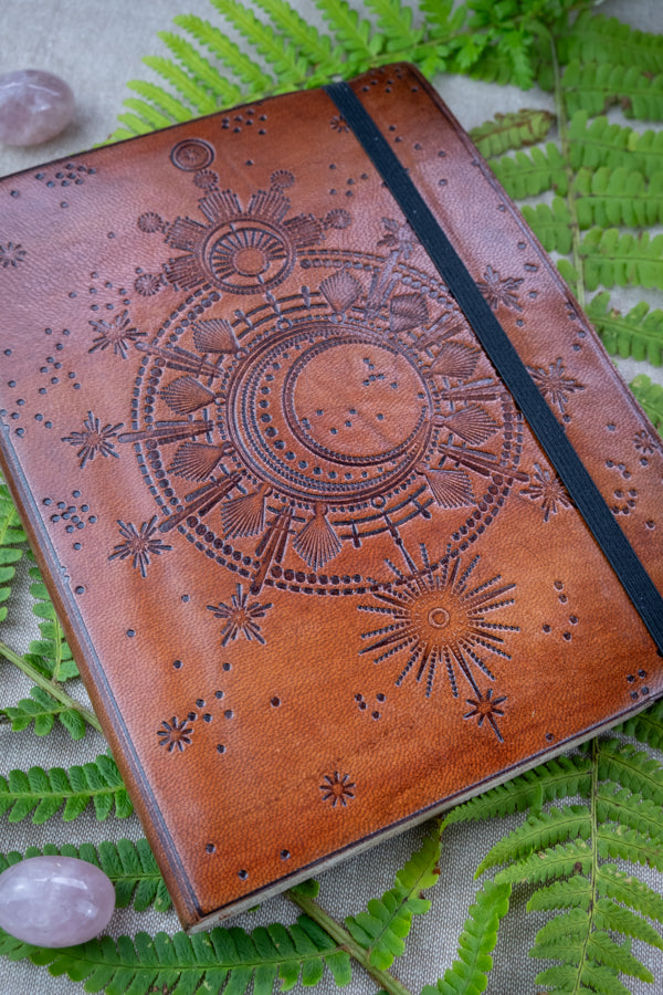 Moon Leather journal, handmade journal, Sun and Moon notebook, Vegetable Tanned Leather Notebook, Writers gift, Eco friendly