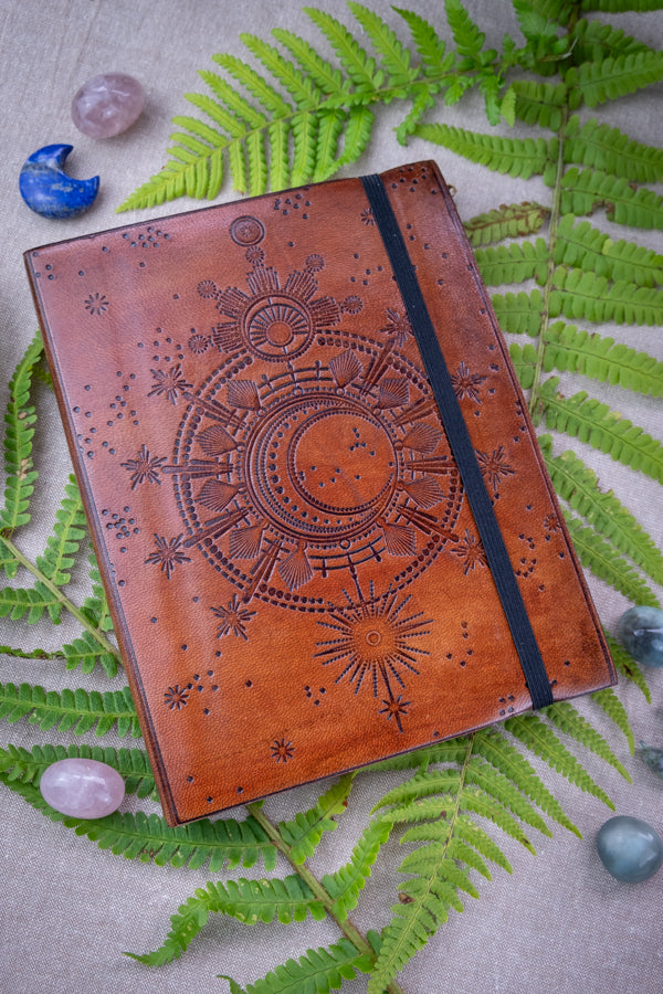 Moon Leather journal, handmade journal, Sun and Moon notebook, Vegetable Tanned Leather Notebook, Writers gift, Eco friendly