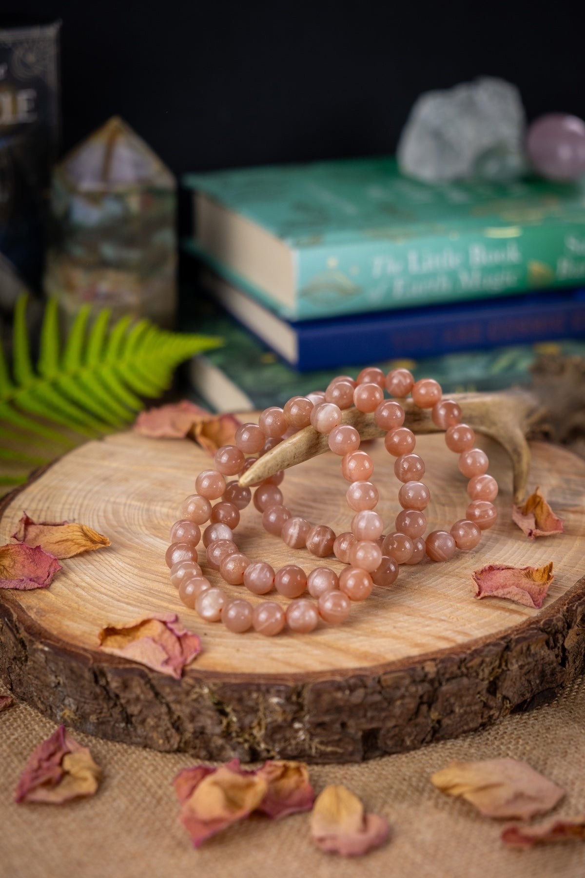 Peach moonstone crystal bracelet, 8mm bead, Crystal for emotional balance.