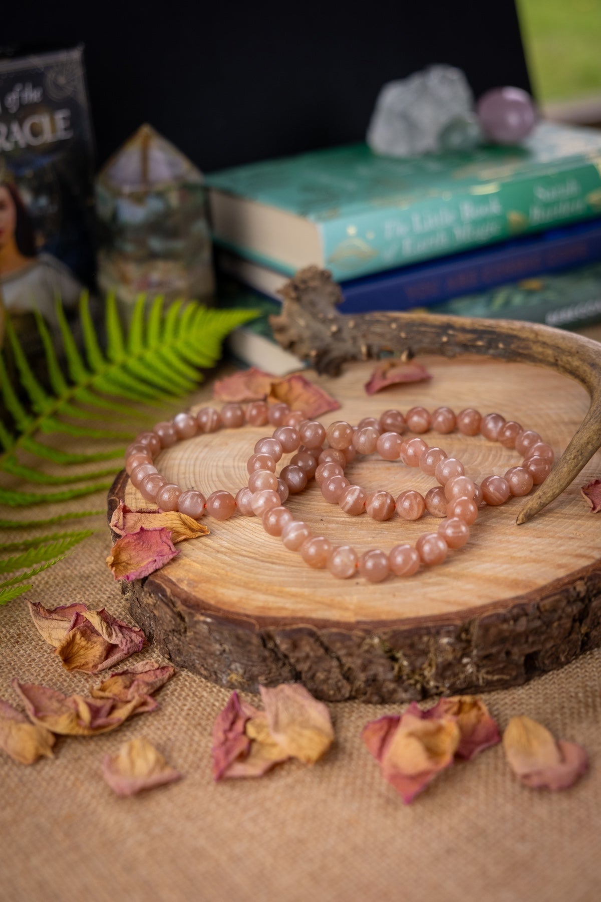 Peach moonstone crystal bracelet, 8mm bead, Crystal for emotional balance.