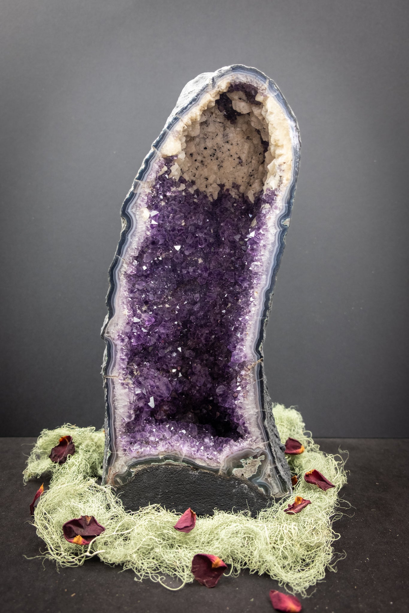Amethyst Cathedral Geode with Rare Calcite Inclusion, Deep Purple Crystal Cave, Healing Gemstone from Brazil