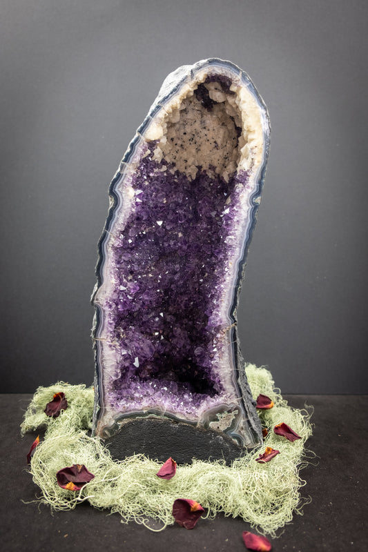 Amethyst Cathedral Geode with Rare Calcite Inclusion, Deep Purple Crystal Cave, Healing Gemstone from Brazil