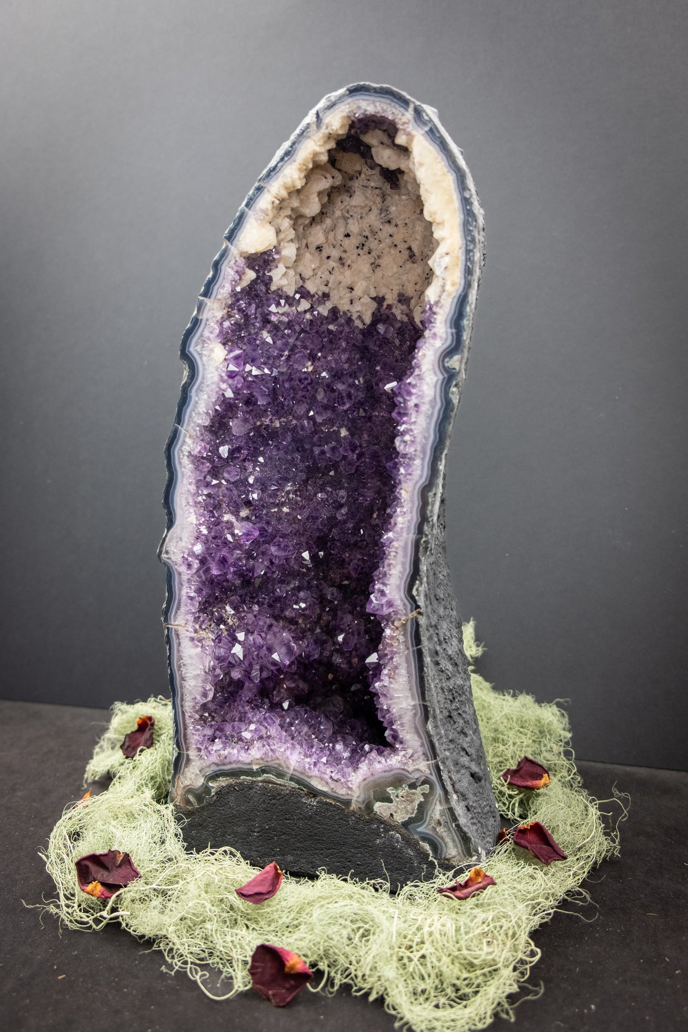 Amethyst Cathedral Geode with Rare Calcite Inclusion, Deep Purple Crystal Cave, Healing Gemstone from Brazil