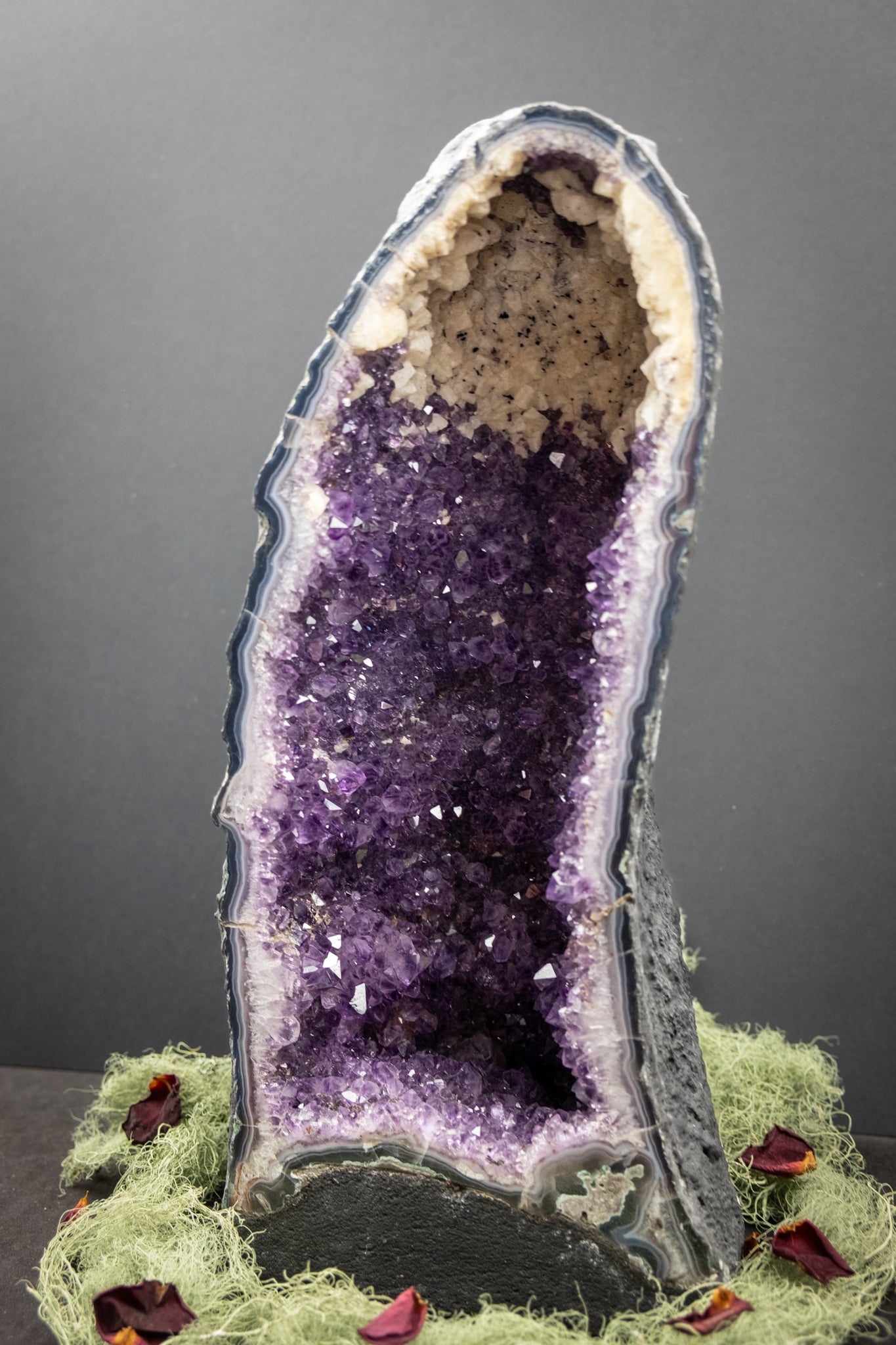 Amethyst Cathedral Geode with Rare Calcite Inclusion, Deep Purple Crystal Cave, Healing Gemstone from Brazil