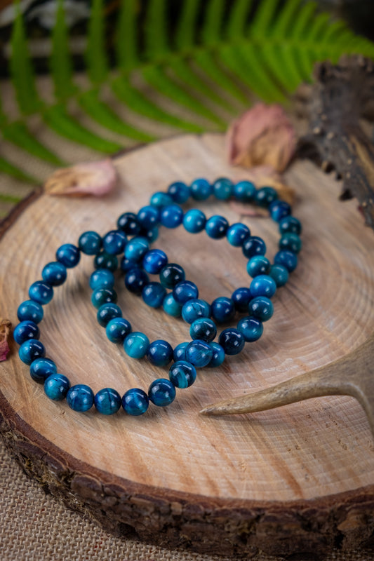 Mens Blue Tigers Eye Crystal Bracelet, 10.5mm Bead, Chunky gems, Stone of protection, Calm, Ease anxiety and stress.