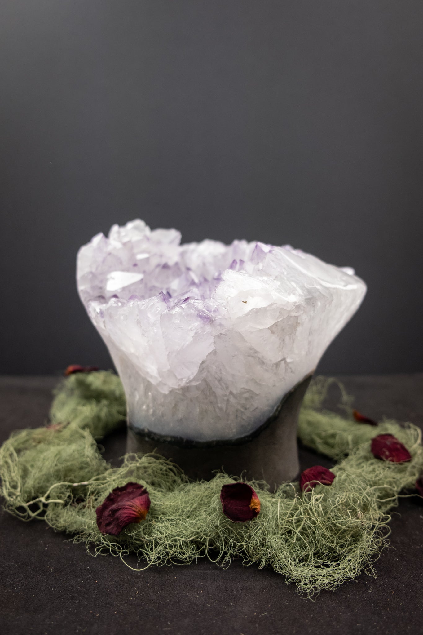 Rare Amethyst Flower Cluster with Calcite Inclusions, Lavender Crystal with Polished Edges, Rainbow Gemstone from Brazil