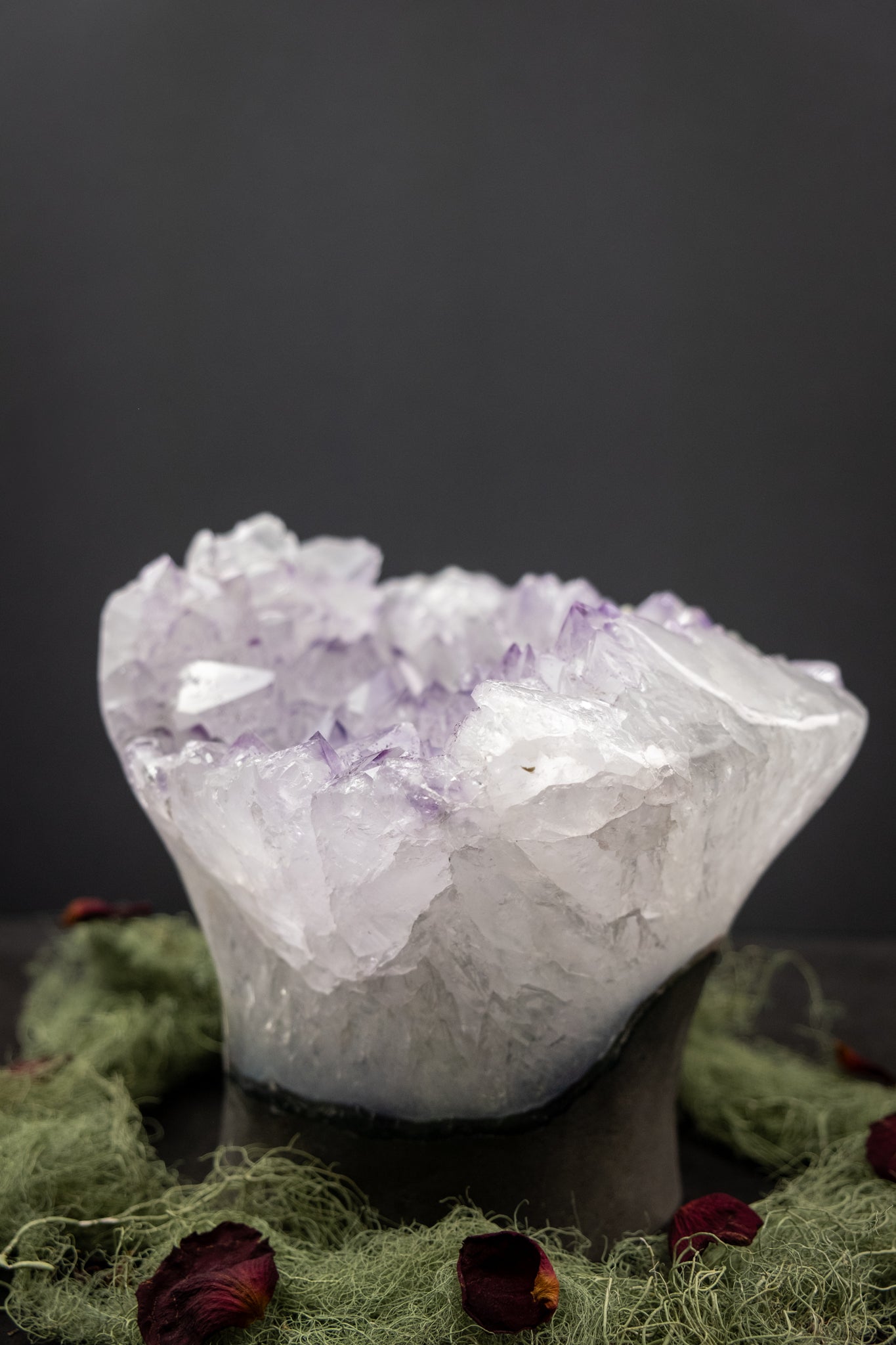 Rare Amethyst Flower Cluster with Calcite Inclusions, Lavender Crystal with Polished Edges, Rainbow Gemstone from Brazil