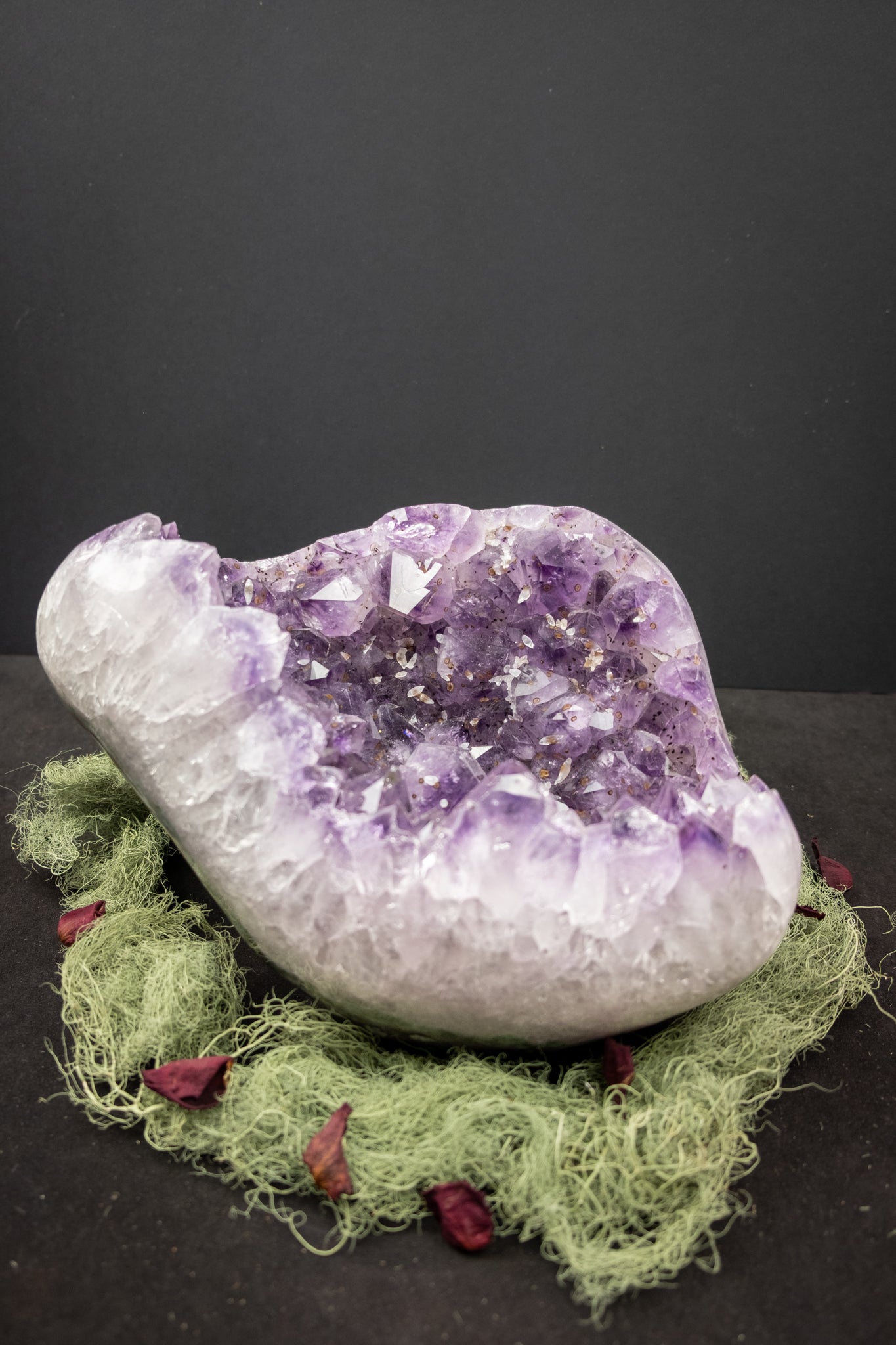 Amethyst Drusy Crystal Bed with Actinolite, Moss Agate and Calcite, Rare Natural Gemstone Bowl Formation for Healing and Home Energy
