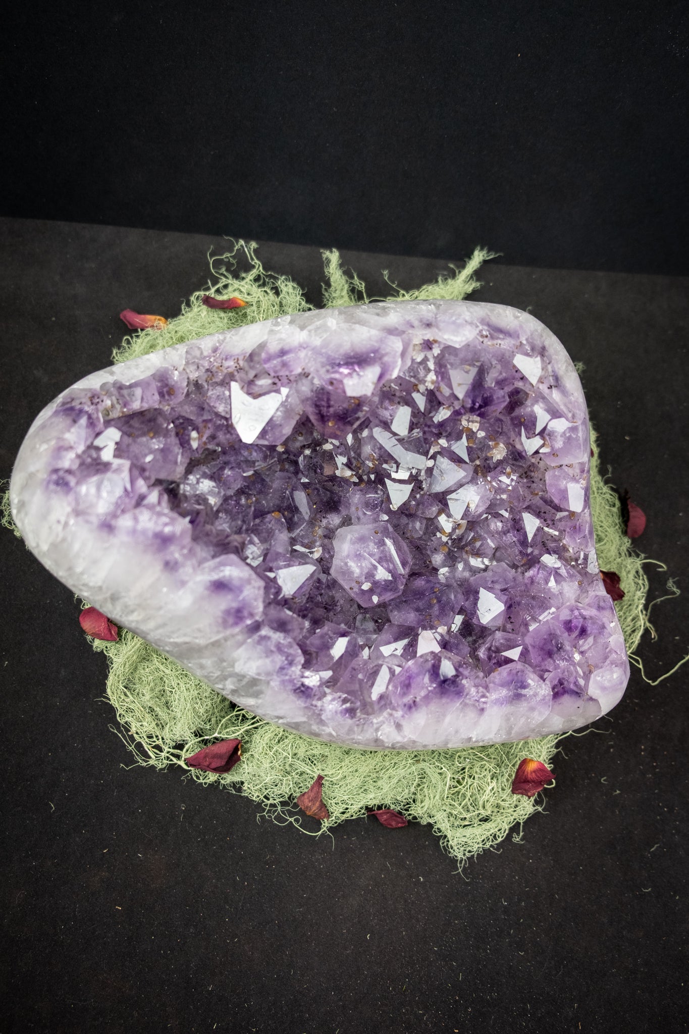 Amethyst Drusy Crystal Bed with Actinolite, Moss Agate and Calcite, Rare Natural Gemstone Bowl Formation for Healing and Home Energy