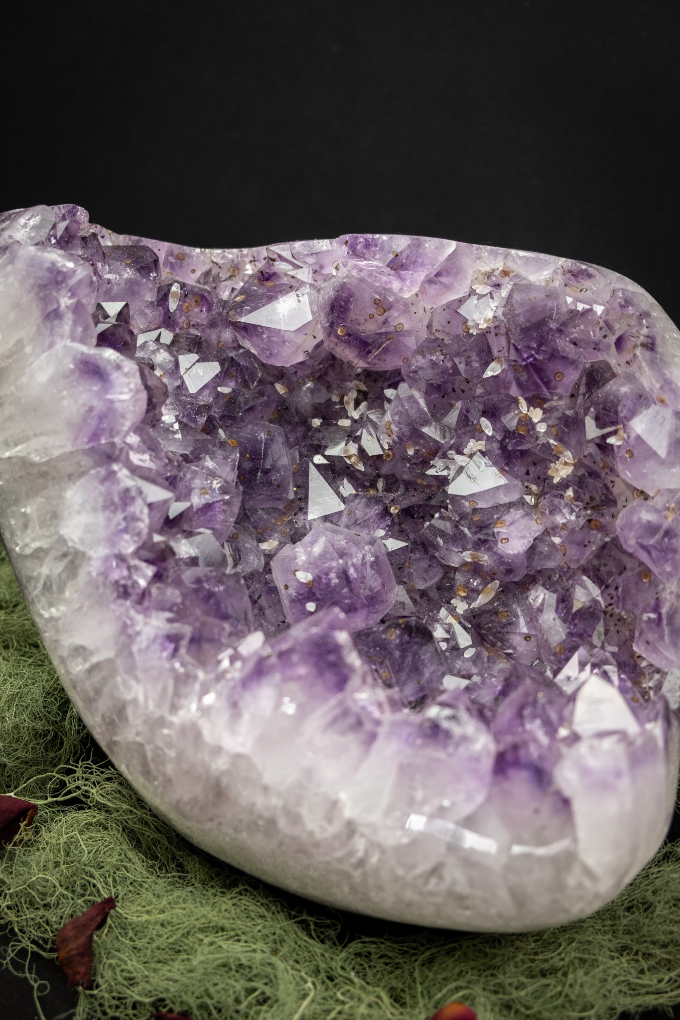 Amethyst Drusy Crystal Bed with Actinolite, Moss Agate and Calcite, Rare Natural Gemstone Bowl Formation for Healing and Home Energy