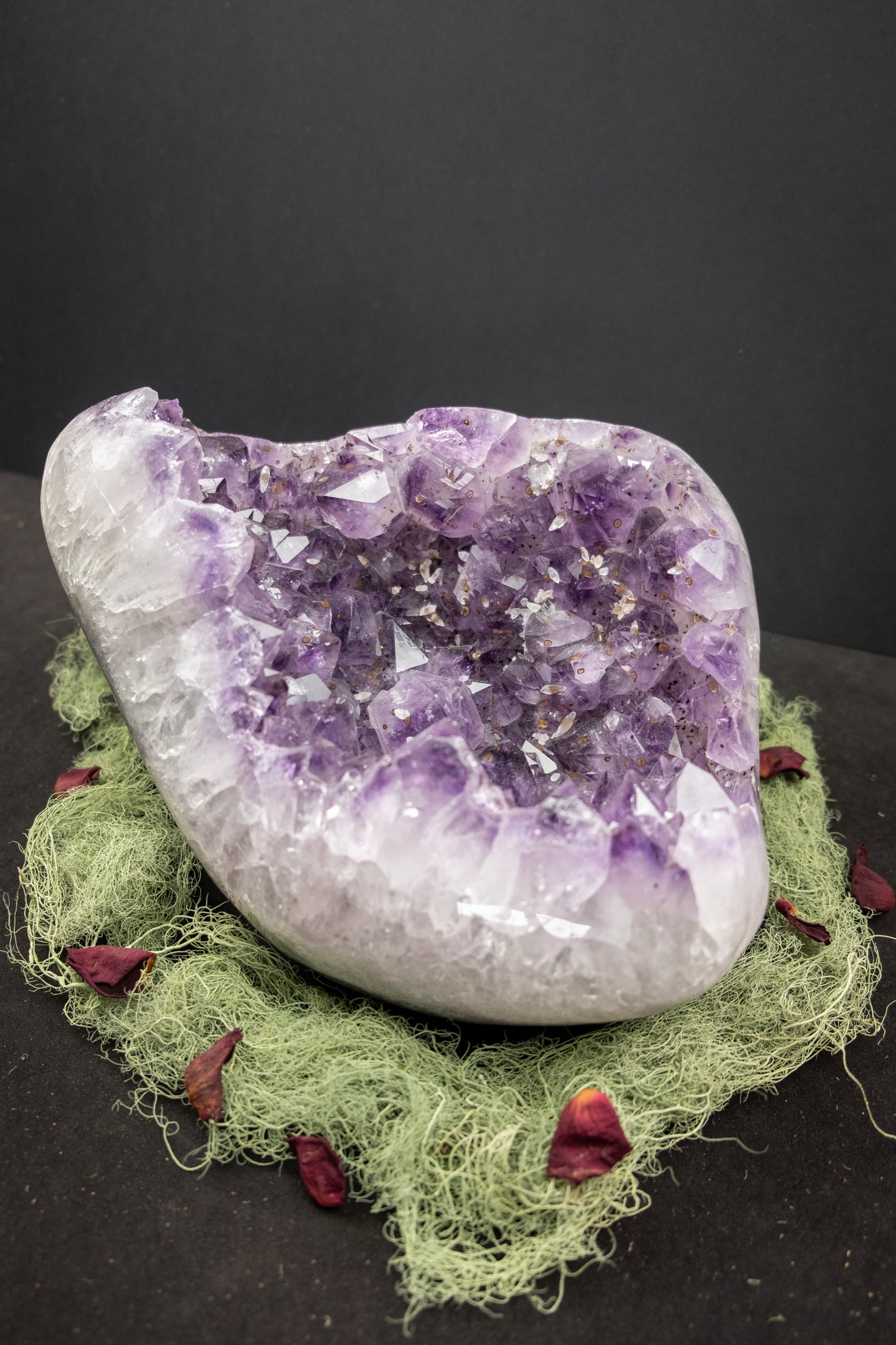Amethyst Drusy Crystal Bed with Actinolite, Moss Agate and Calcite, Rare Natural Gemstone Bowl Formation for Healing and Home Energy