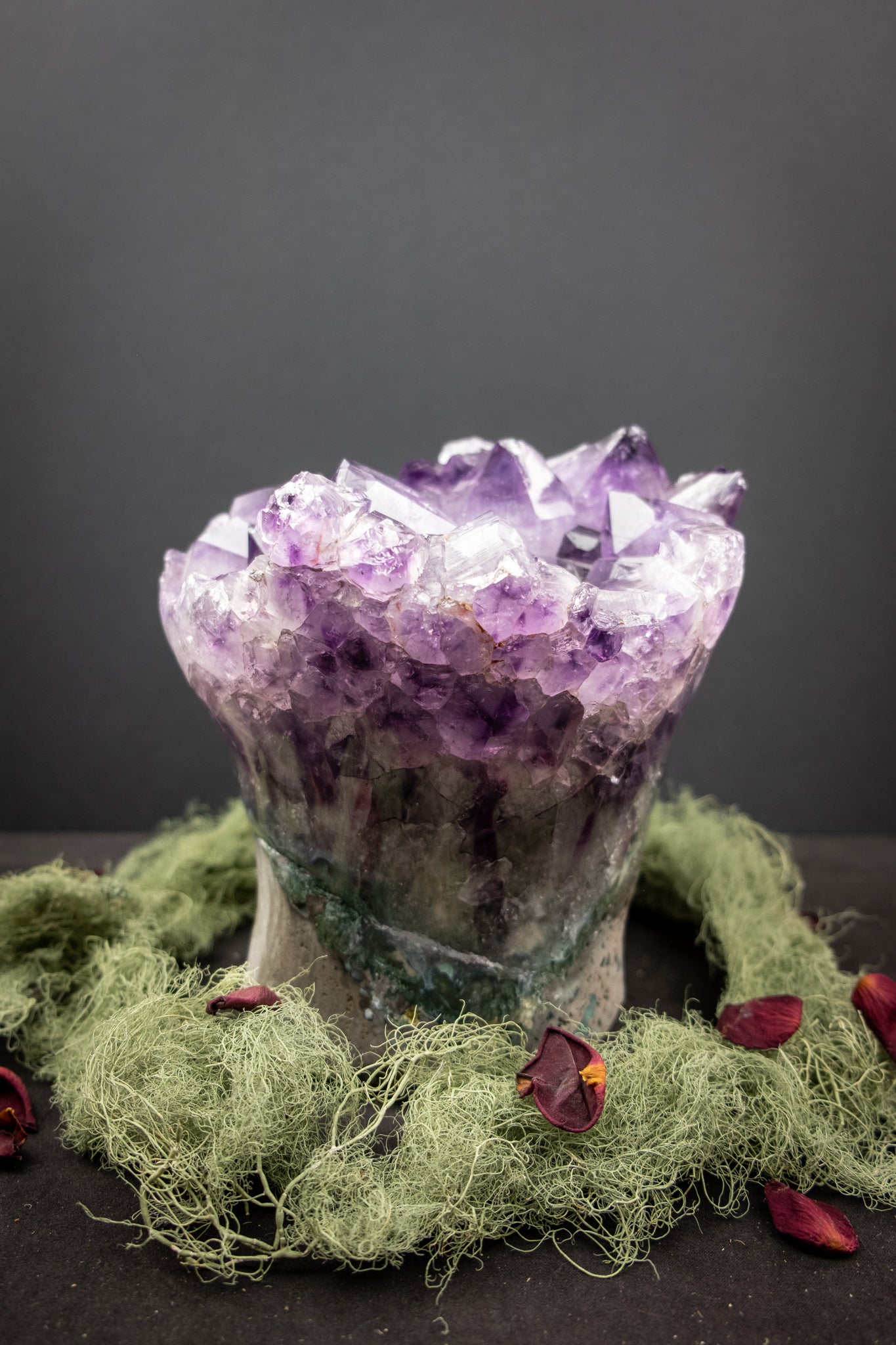 Deep Violet Amethyst Crystal Flower, Natural Gemstone Formation with Moss Agate Base, Polished Edge Display Stone