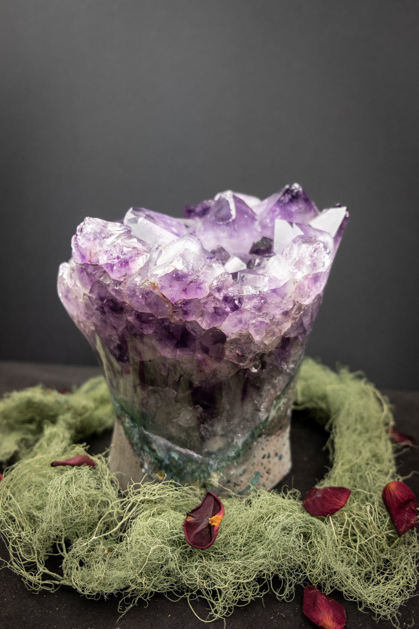 Deep Violet Amethyst Crystal Flower, Natural Gemstone Formation with Moss Agate Base, Polished Edge Display Stone
