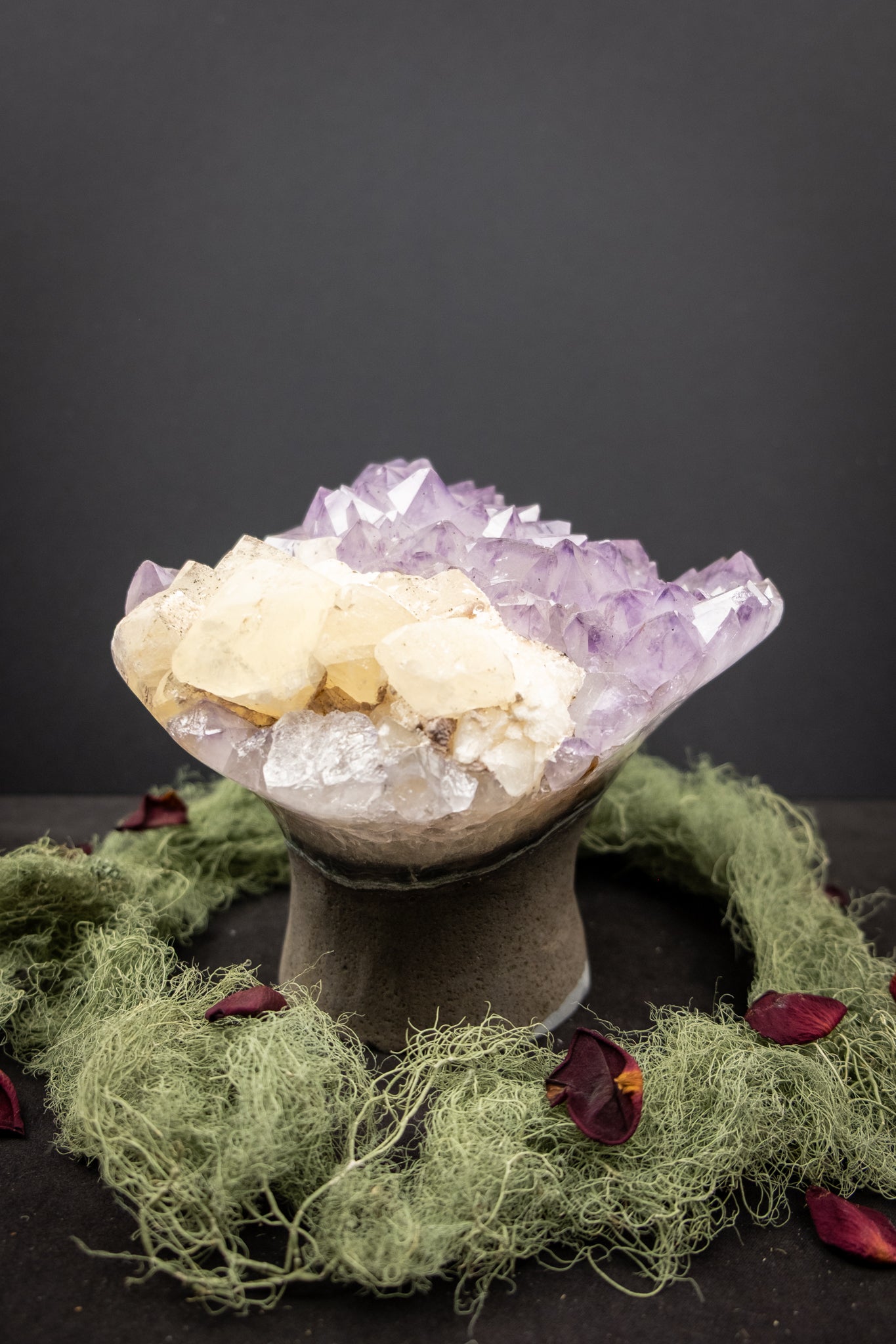 Rare Lilac-to-Deep-Tip Amethyst Flower with Calcite Drusy and Actinolite Inclusions Unique Home Healing Crystal Specimen