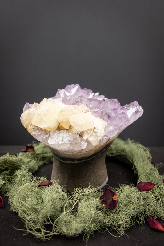 Rare Lilac-to-Deep-Tip Amethyst Flower with Calcite Drusy and Actinolite Inclusions Unique Home Healing Crystal Specimen