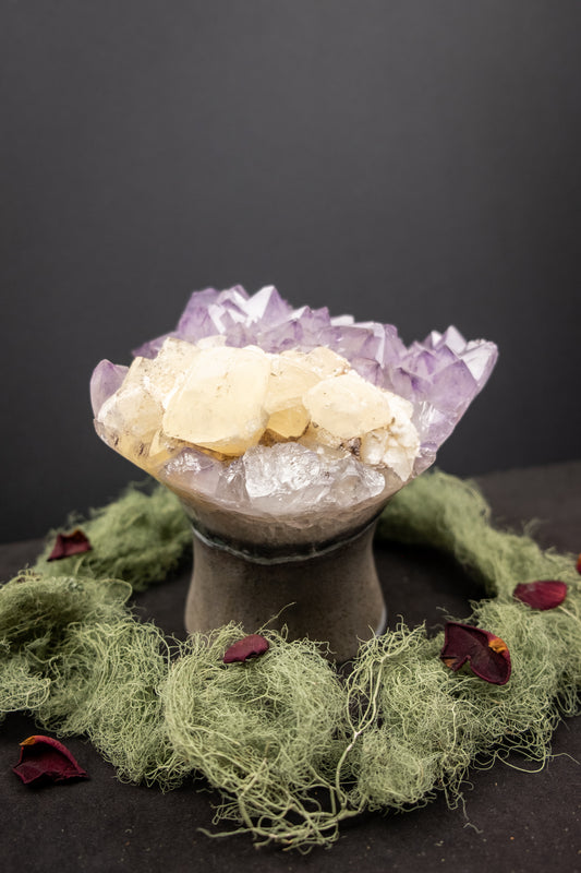 Rare Lilac-to-Deep-Tip Amethyst Flower with Calcite Drusy and Actinolite Inclusions