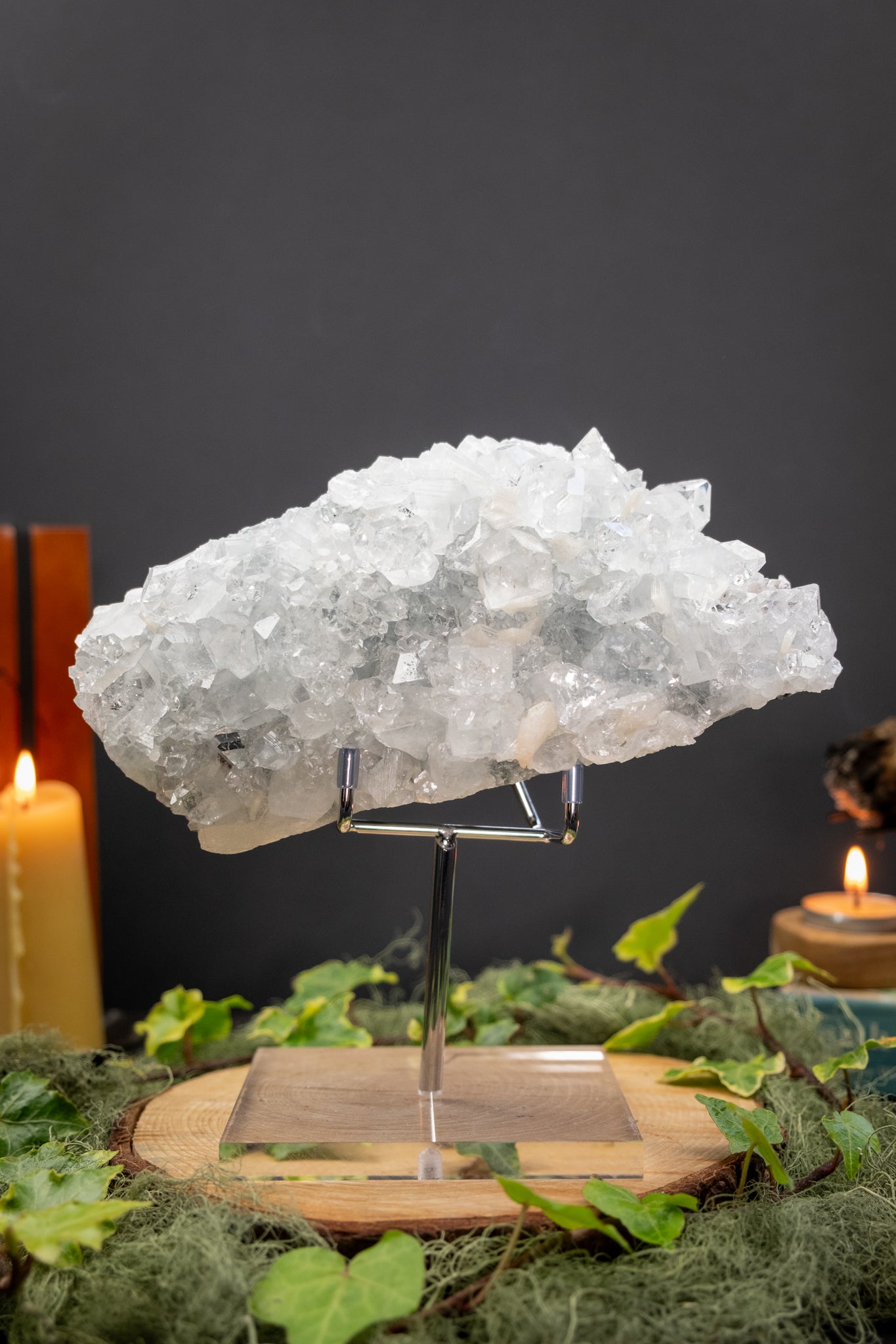 Stunning Apophyllite Crystal Cluster with Rainbows and Peach Stilbite, High Grade Clear Stone for Calm Clarity Meditation Energy Healing Decor
