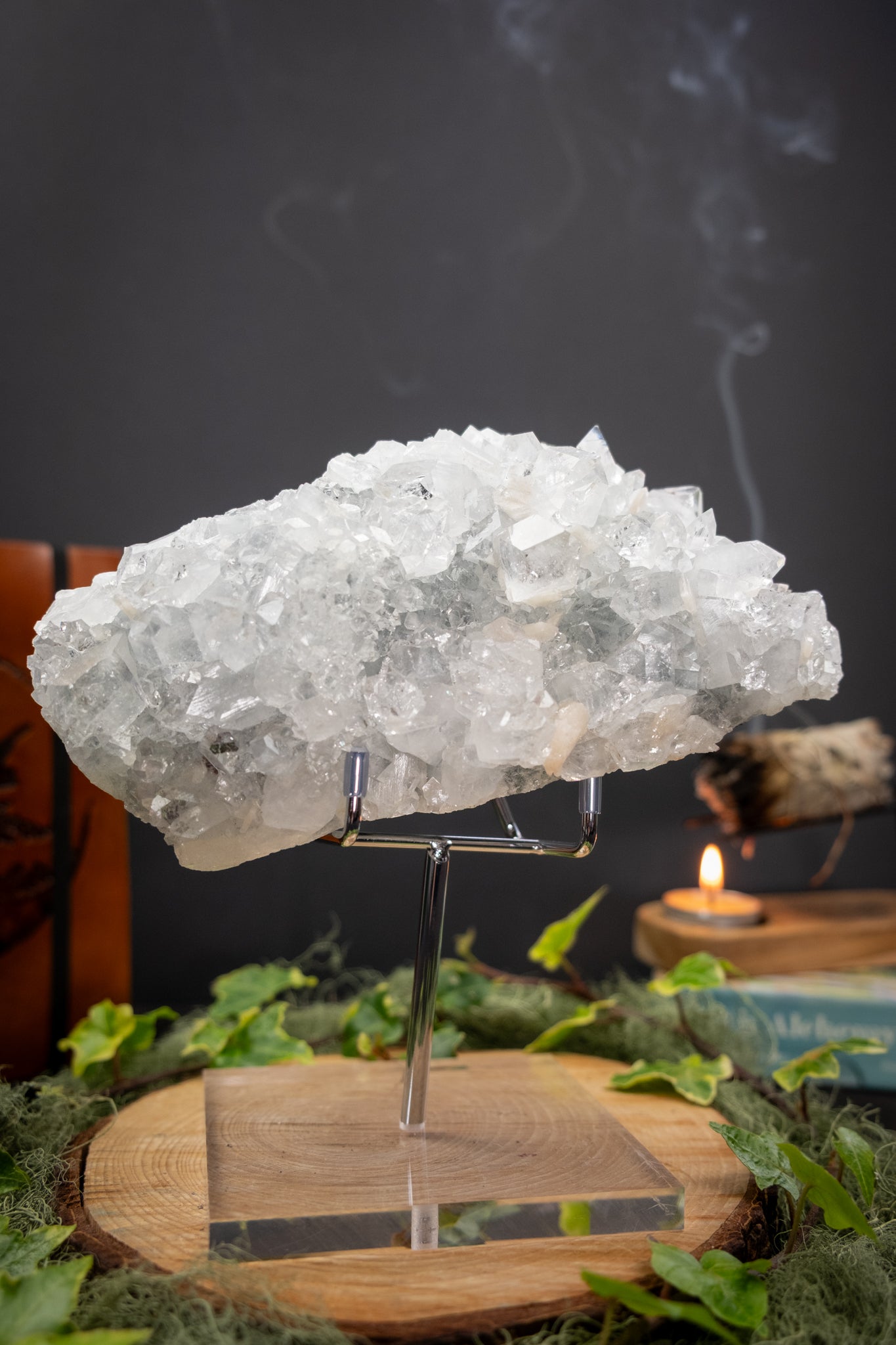 Stunning Apophyllite Crystal Cluster with Rainbows and Peach Stilbite, High Grade Clear Stone for Calm Clarity Meditation Energy Healing Decor