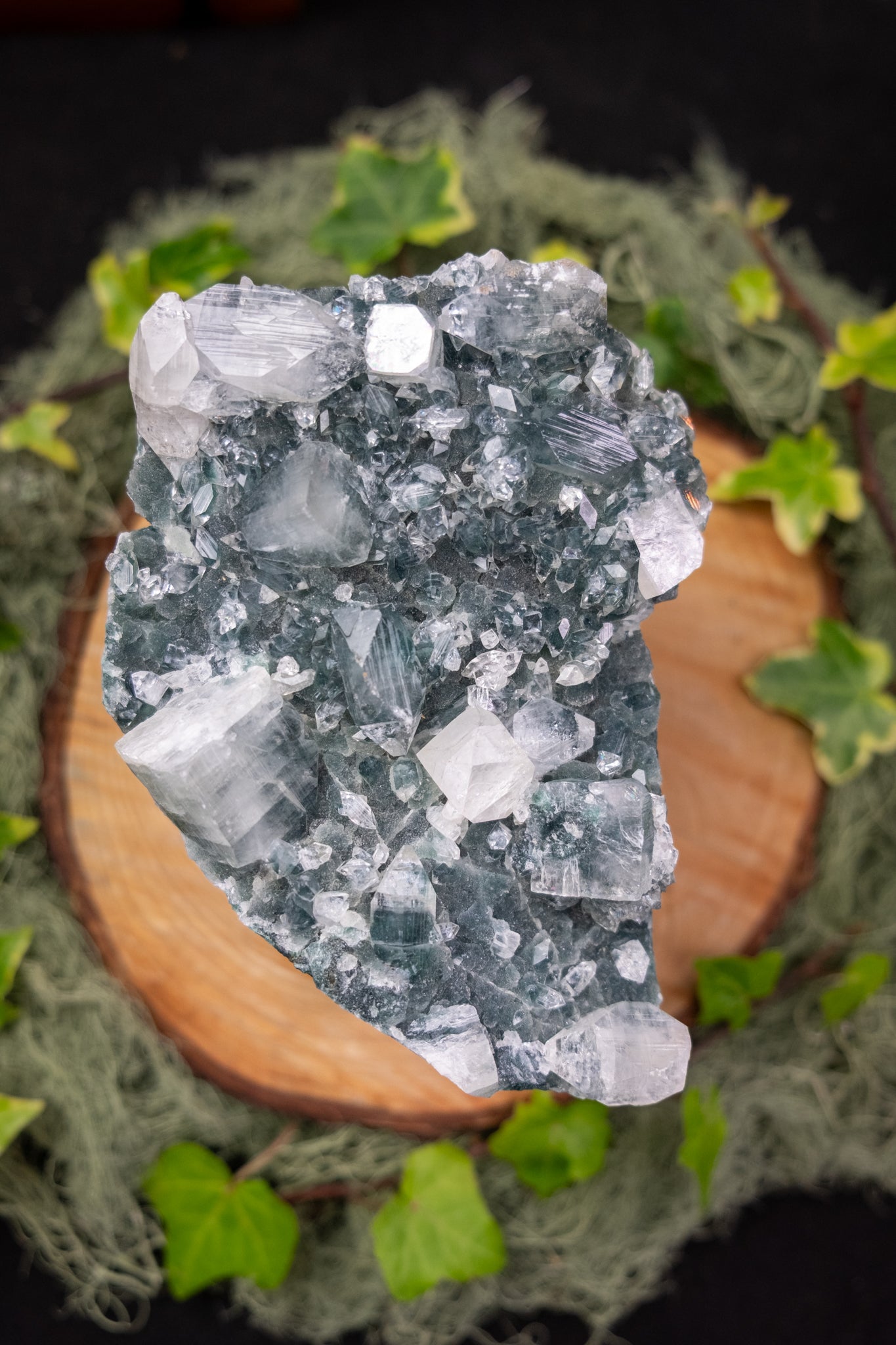 Apophyllite and Chalcedony Crystal Cluster, Rare Teal Green Gemstone, Sparkling Natural Crystal, High Vibration Stone for Calm Clarity and Healing