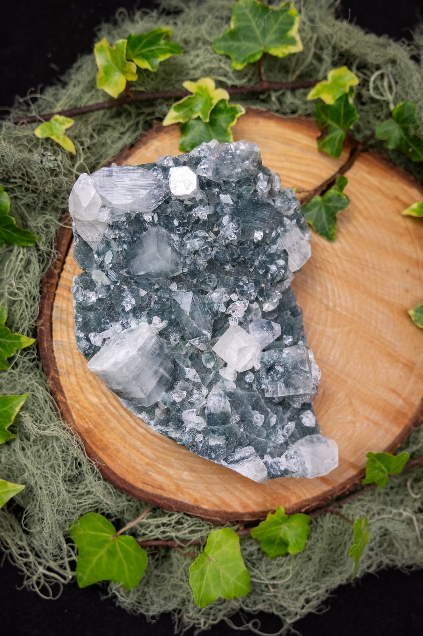 Apophyllite and Chalcedony Crystal Cluster, Rare Teal Green Gemstone, Sparkling Natural Crystal, High Vibration Stone for Calm Clarity and Healing