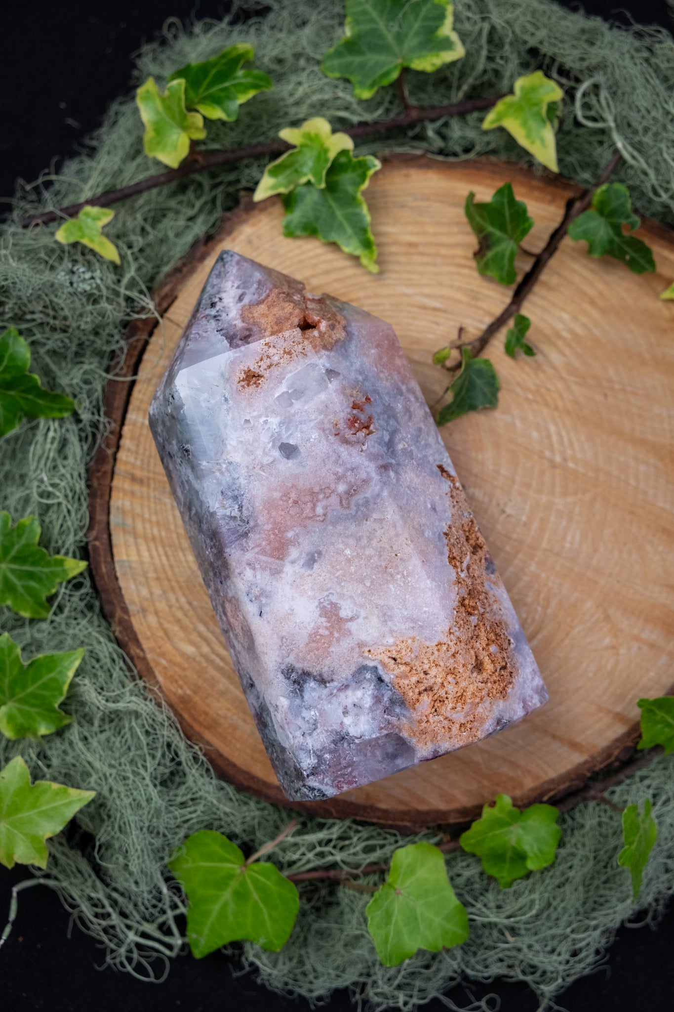 Pink Amethyst with Moss Agate Point Crystal Gem Tower with Drusy Caves Healing Stone for Calming Energy Heart Healing Nature Connection