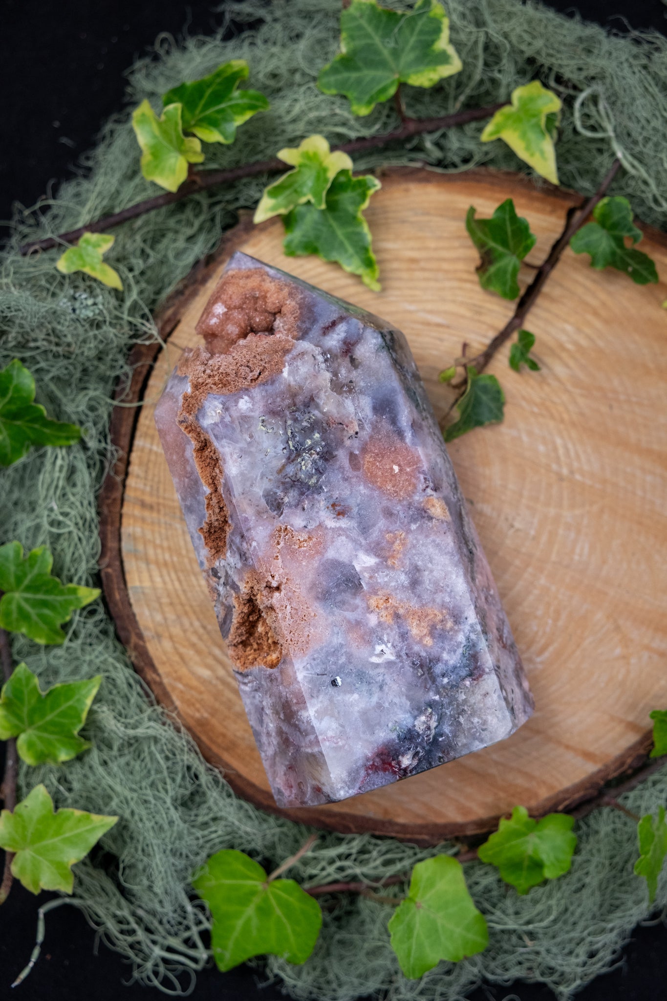 Pink Amethyst with Moss Agate Point Crystal Gem Tower with Drusy Caves Healing Stone for Calming Energy Heart Healing Nature Connection