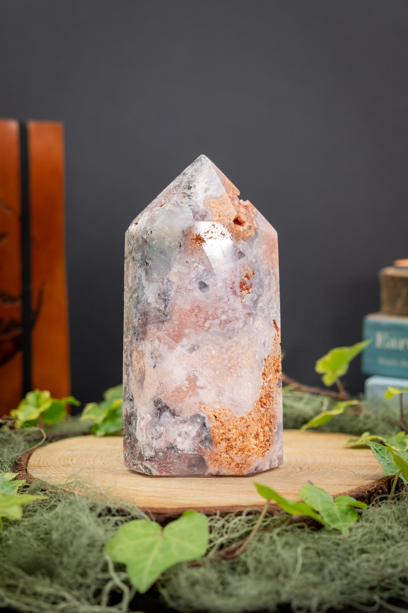 Pink Amethyst with Moss Agate Point Crystal Gem Tower with Drusy Caves Healing Stone for Calming Energy Heart Healing Nature Connection