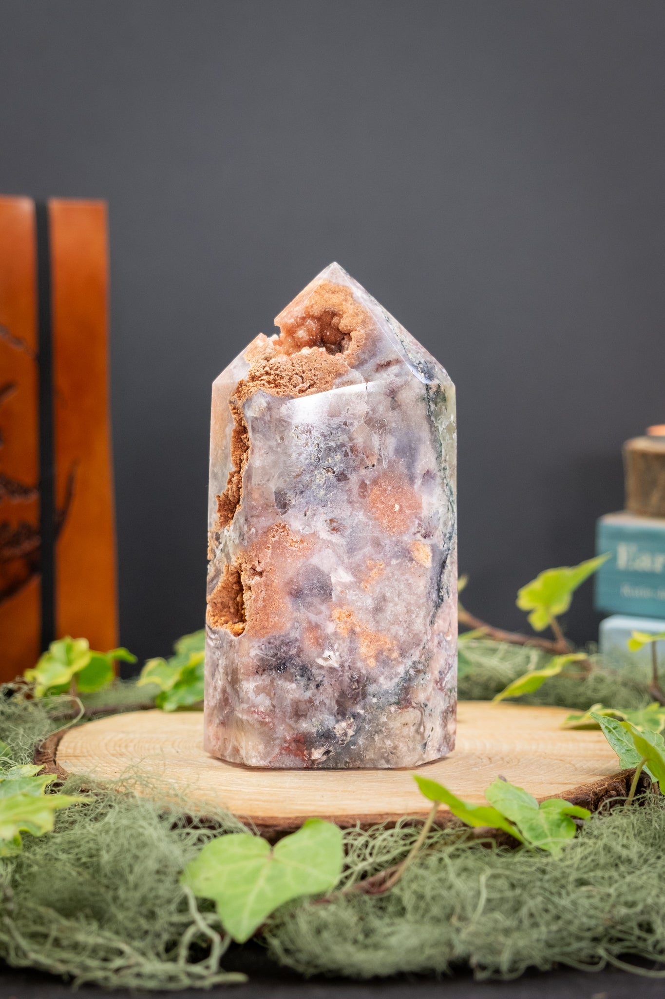 Pink Amethyst with Moss Agate Point Crystal Gem Tower with Drusy Caves Healing Stone for Calming Energy Heart Healing Nature Connection