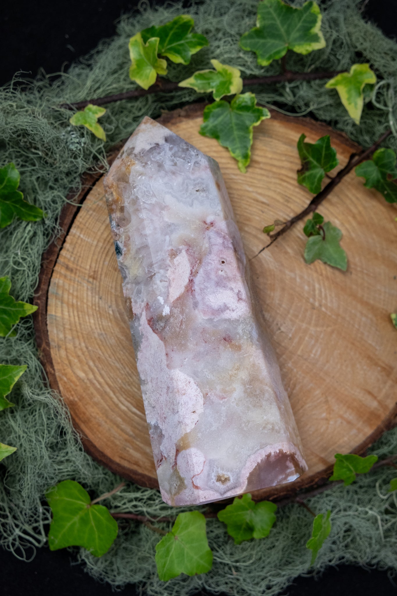 Pink Amethyst with Moss Agate Inclusions Drusy Cave Point Crystal, Heart Healing Stone for Calm Growth and Gentle Transformation