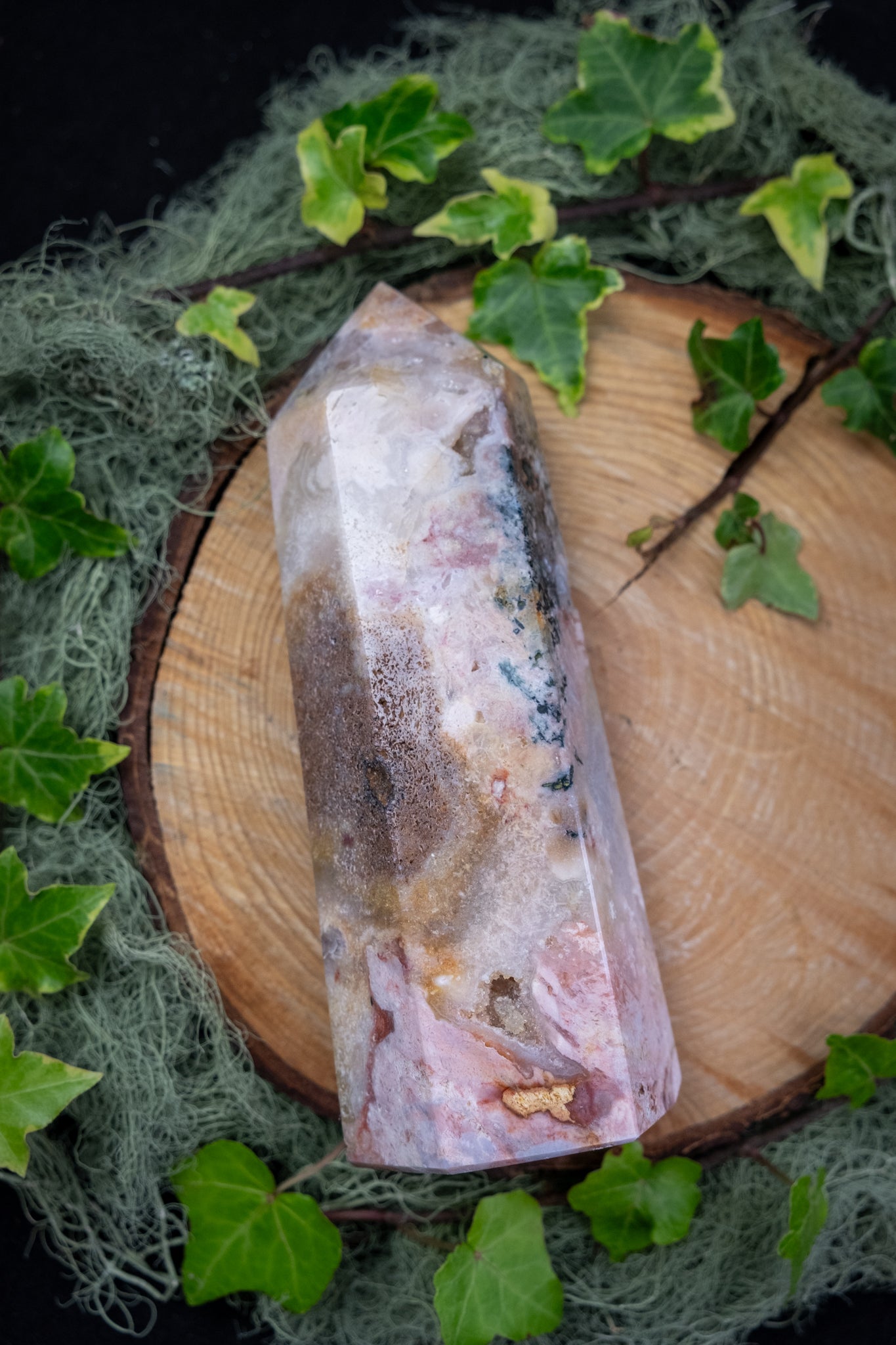 Pink Amethyst with Moss Agate Inclusions Drusy Cave Point Crystal, Heart Healing Stone for Calm Growth and Gentle Transformation