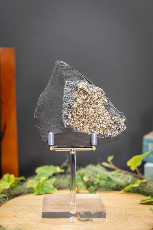 Basalt and Pyrite Freeform on Stand, High Grade Pyrite Gemstone, Sparkling Natural Stone Sculpture for Protection, Strength and Abundance
