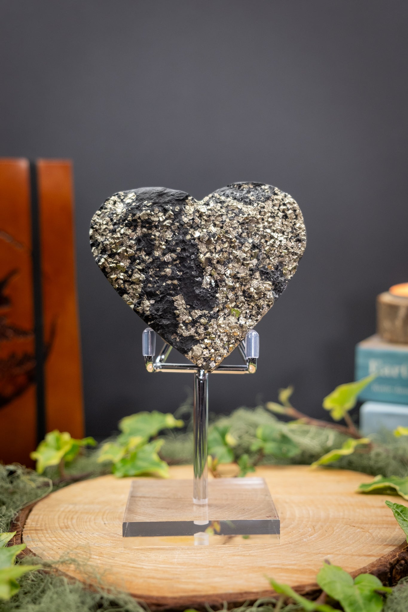 High Grade Basalt and Pyrite Heart on Stand, Brazilian Stone Carving, Unique Basalt Pyrite Gem Heart Display