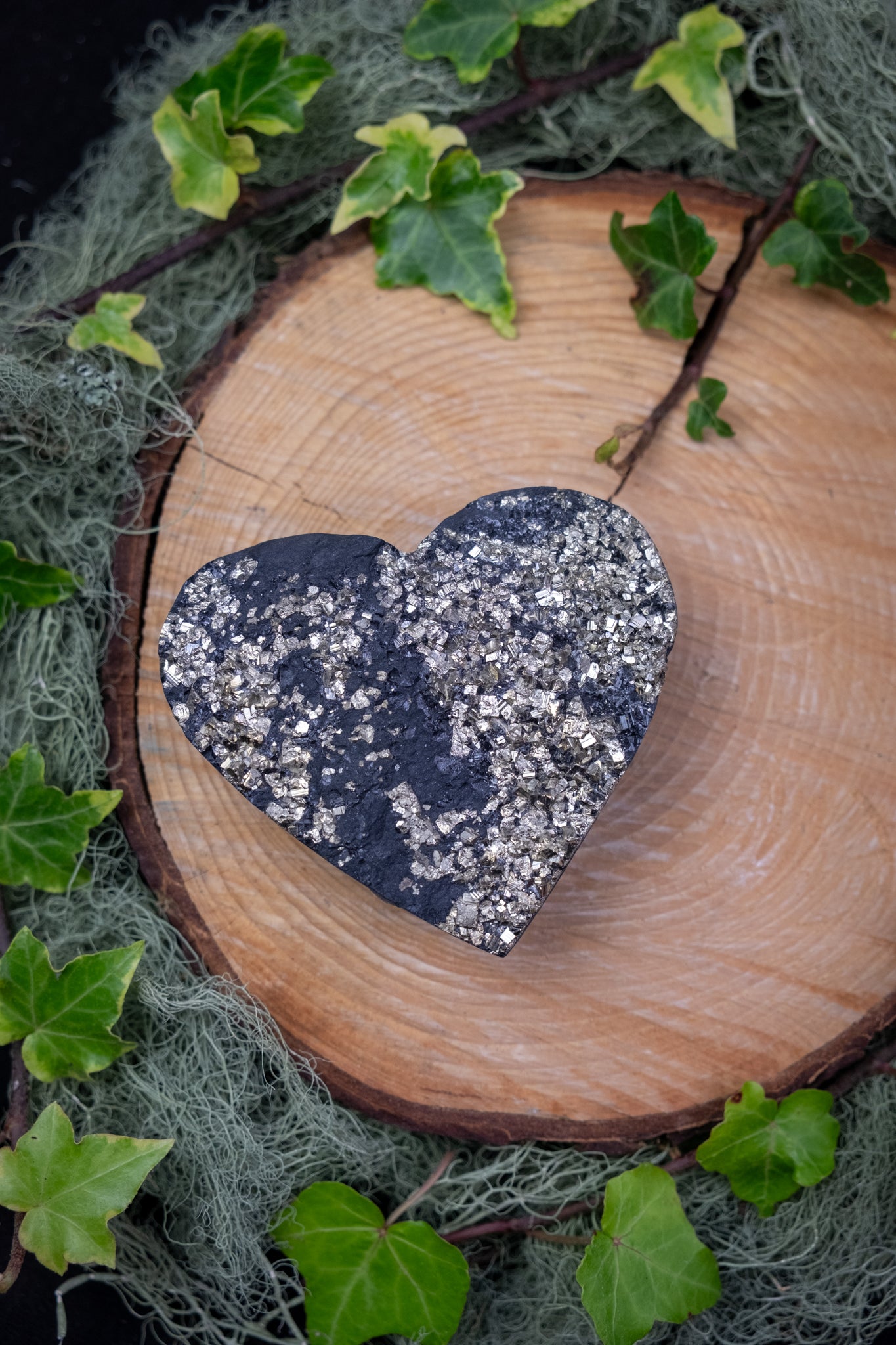 High Grade Basalt and Pyrite Heart on Stand, Brazilian Stone Carving, Unique Basalt Pyrite Gem Heart Display