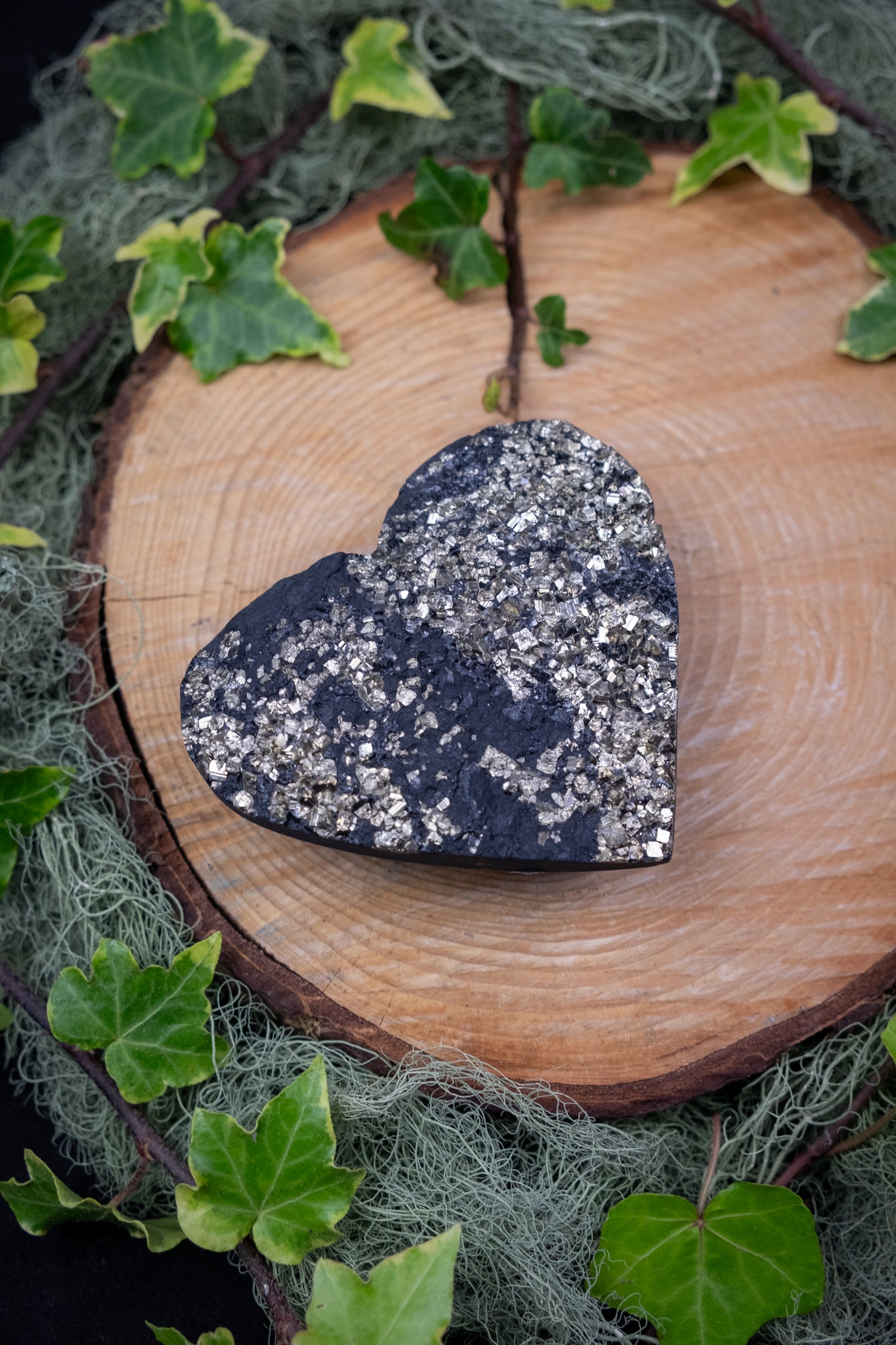 High Grade Basalt and Pyrite Heart on Stand, Brazilian Stone Carving, Unique Basalt Pyrite Gem Heart Display