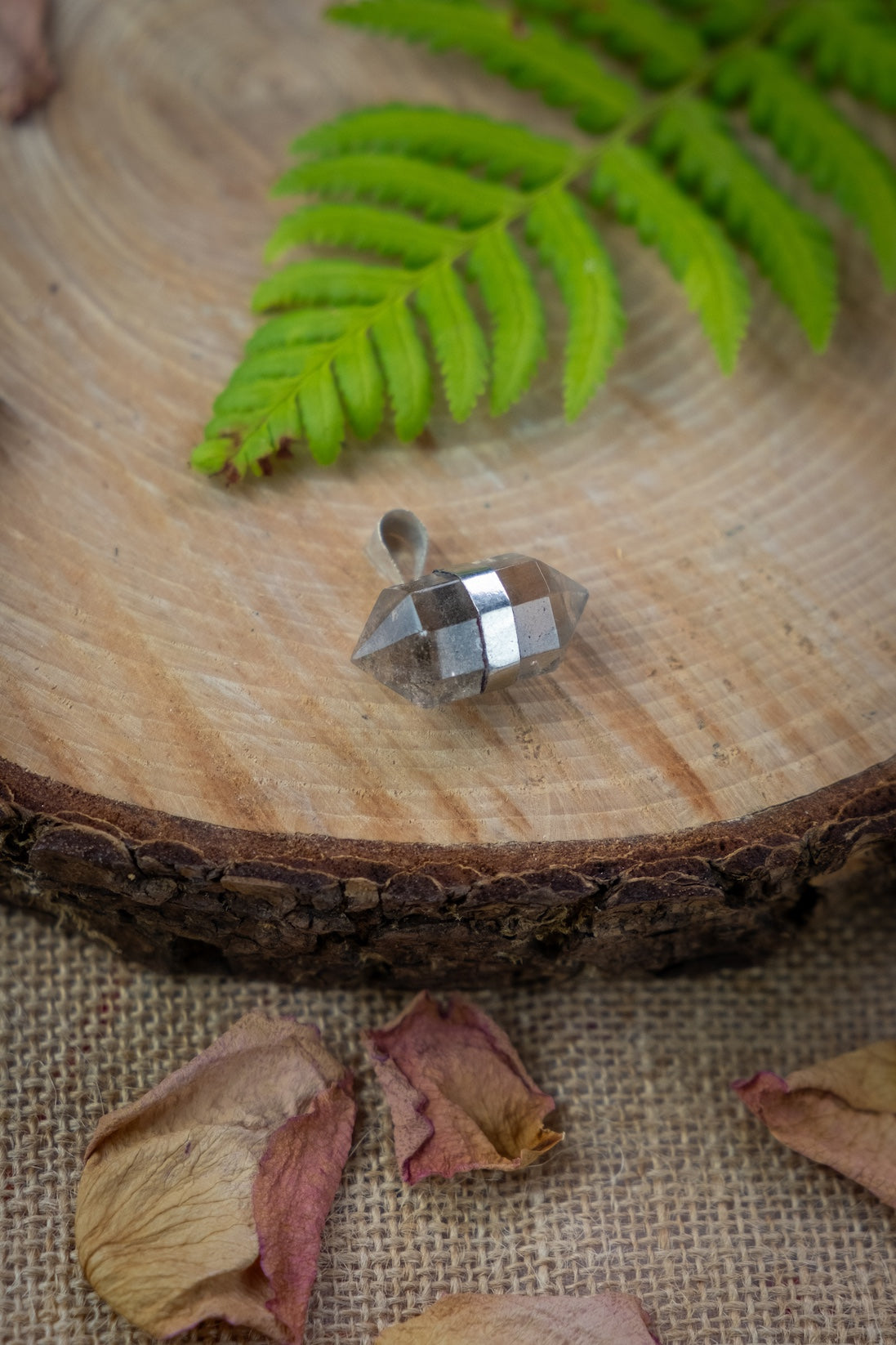 Smokey Quartz crystal pendant, Double Terminated Crystal, Sterling silver pendant,  November birthstone, Hand carved Boho style.