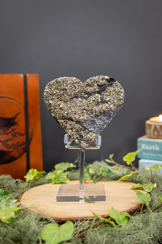 Pyrite Basalt Heart Crystal on Custom Display Stand, High Grade Pyrite Gemstone Heart for Abundance Protection Grounding, Gift Crystal Stone