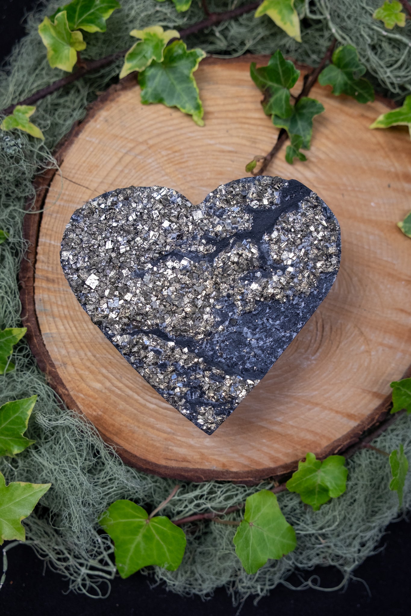 Pyrite Basalt Heart Crystal on Custom Display Stand, High Grade Pyrite Gemstone Heart for Abundance Protection Grounding, Gift Crystal Stone