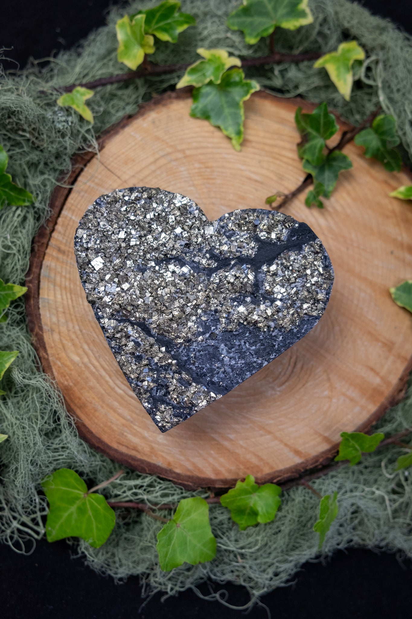 Pyrite Basalt Heart Crystal on Custom Display Stand, High Grade Pyrite Gemstone Heart for Abundance Protection Grounding, Gift Crystal Stone