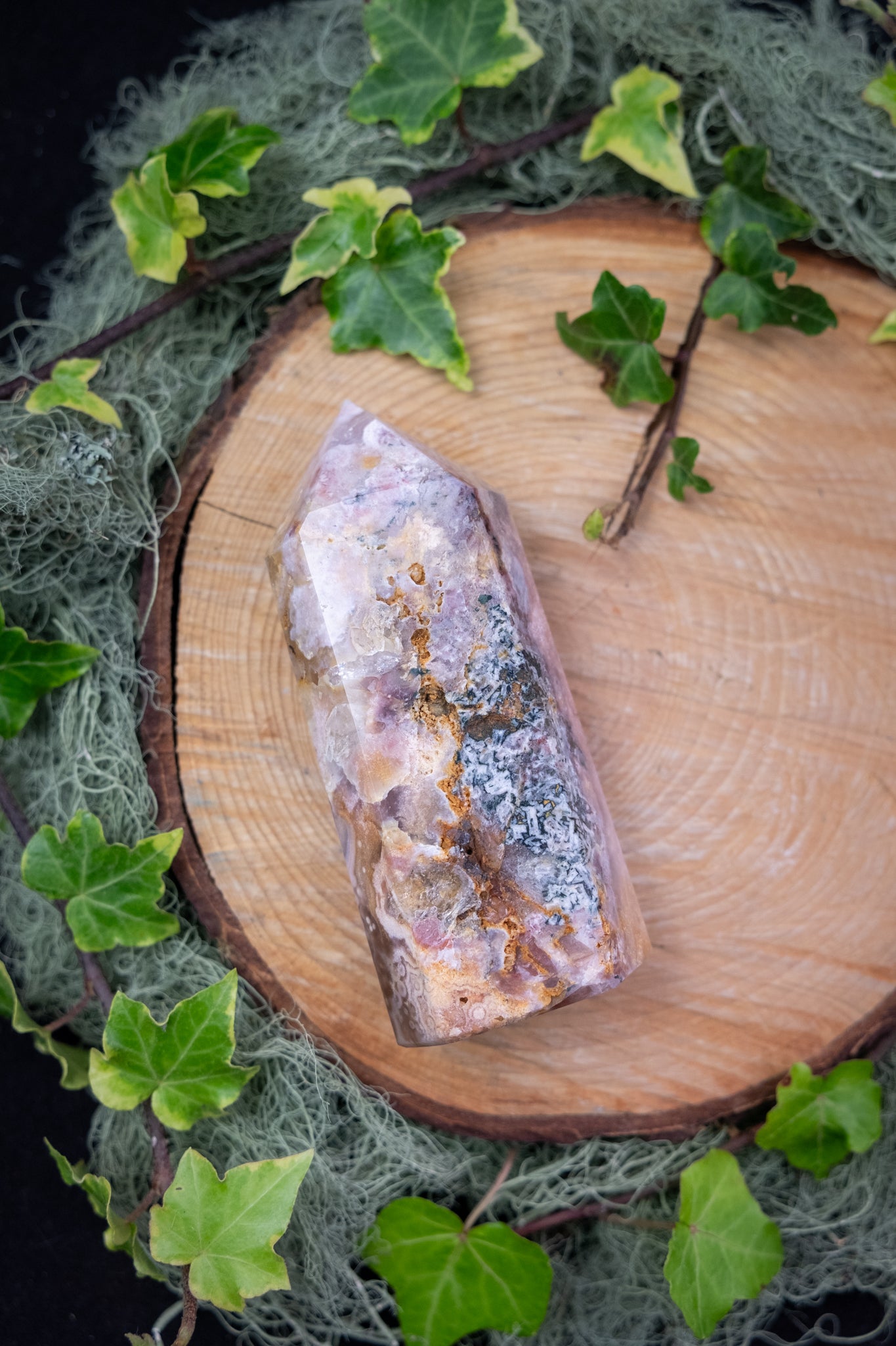 Pink Amethyst with Moss Agate Point Crystal Gem Tower Healing Stone for Calming Energy Heart Healing Nature Connection